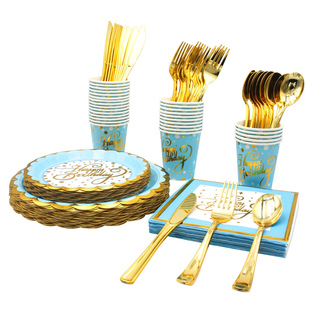 Party Supplies  Bronzed Light Blue Birthday Theme Party Set Napkin Paper Cup Paper Plate Tableware Wholesale Party Supplies