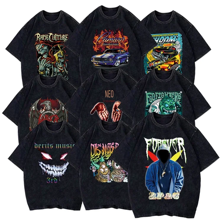 Manufacturers Custom Graphic T shirts Cartoon Printed Oversized Acid Wash Heavyweight T-shirt Screen Print