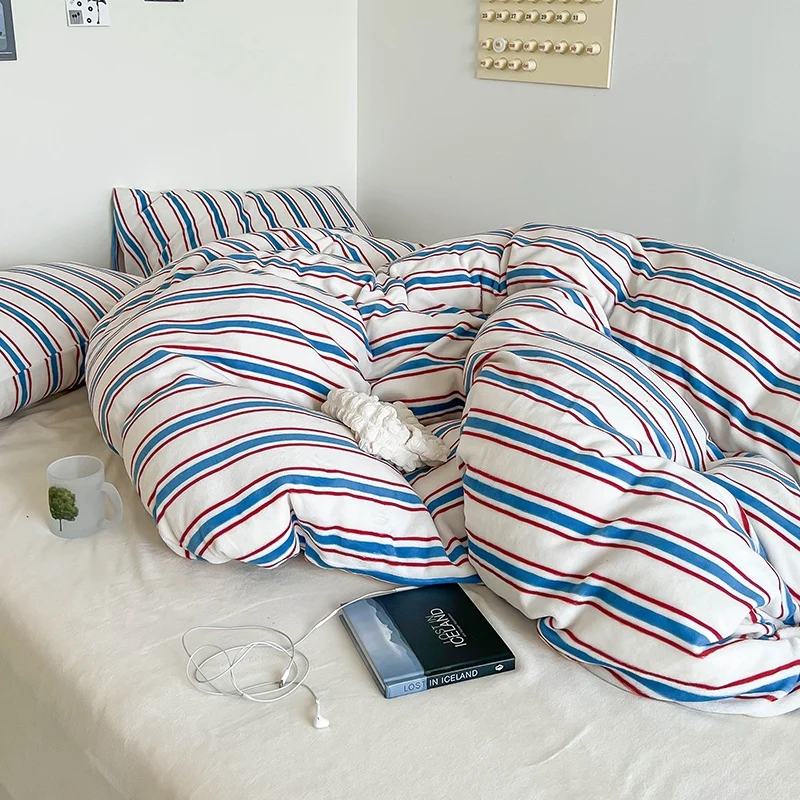 Most Selling Products Thick Blue Striped Pattern Milk Fleece bed cover duvet bedding bed sheets set