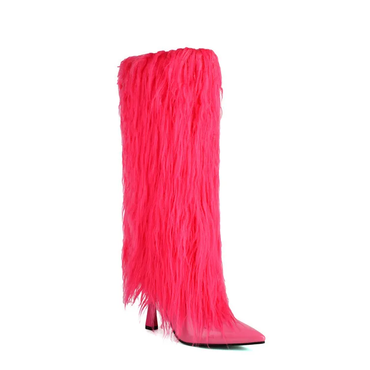 2024 hot selling Winter black plush Stiletto boot leather Pointed Toe Ladies thin High Heels tassel women furry knee high boots