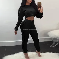 Модный новейший дизайн на заказ, Осень-зима, комплект из 2 предметов, укороченный Топ с длинным рукавом и толстовка, женский спортивный костюм