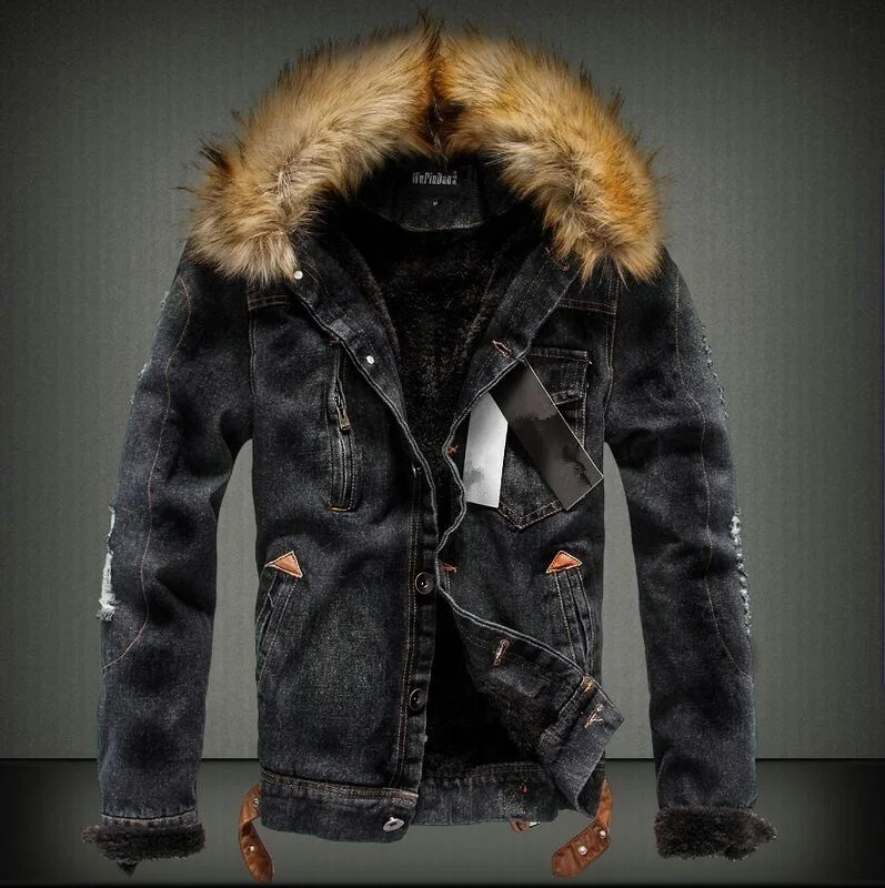 
Winter Autumn Pocket Button Warm Faux Fur Coat Men Denim Jacket with Fur Collar 
