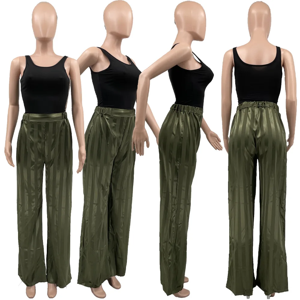 Fashion Trend Casual Satin Stripe Jacquard Full Length Trousers Woman Wide Leg Plus Size Pants