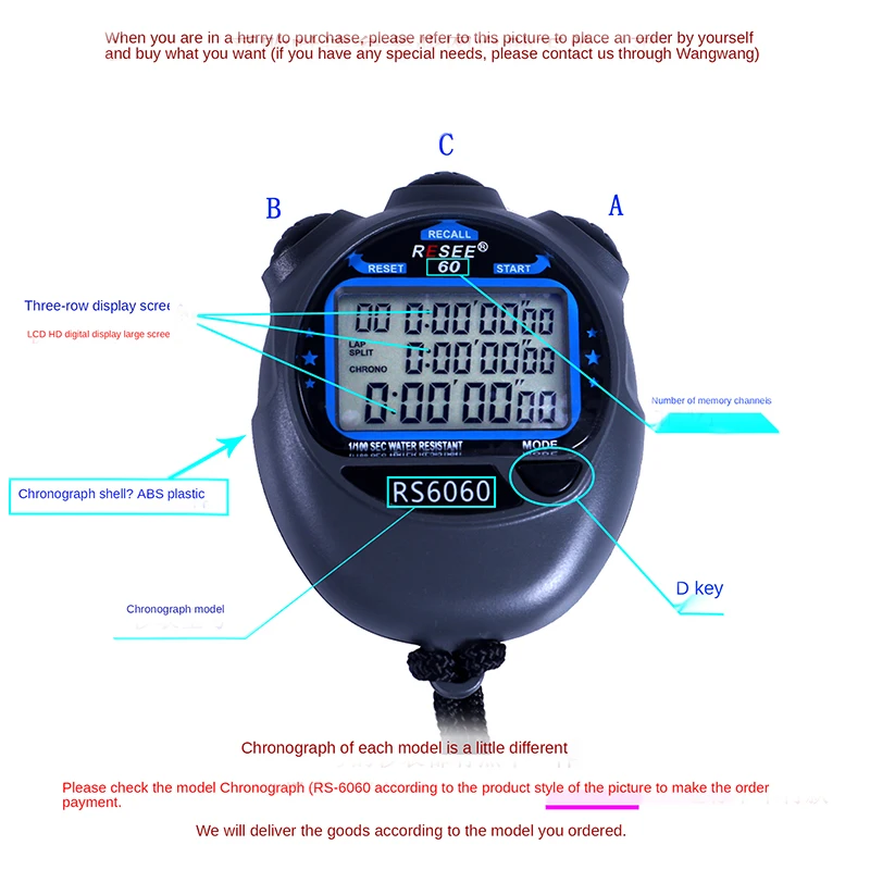 Resee Profesional Digital Stopwatch Timer 60  Lap Memory Stop Watch Three Rows Display Swimming Waterproof Stopwatch for Running