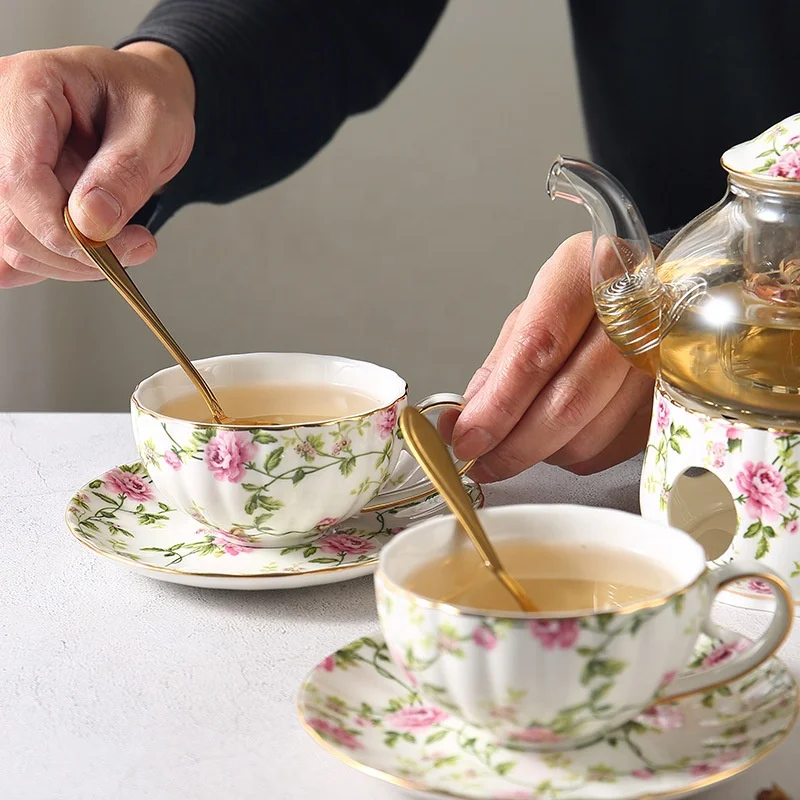 Ceramic farm style coffee cup and saucer set high quality Gold border red tea cup and pumpkin flower coffee cup and saucer