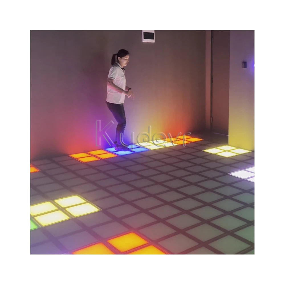 Interactive dance party physical game room kydavr mega relay pixel grid led light wall floor activate fun games