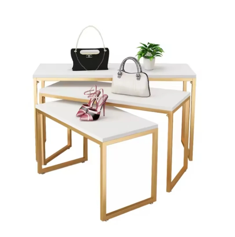 Boutique Store Design Nested End Table Set Clothes Rack Shop Fitting Gold Garment Rack Display Table