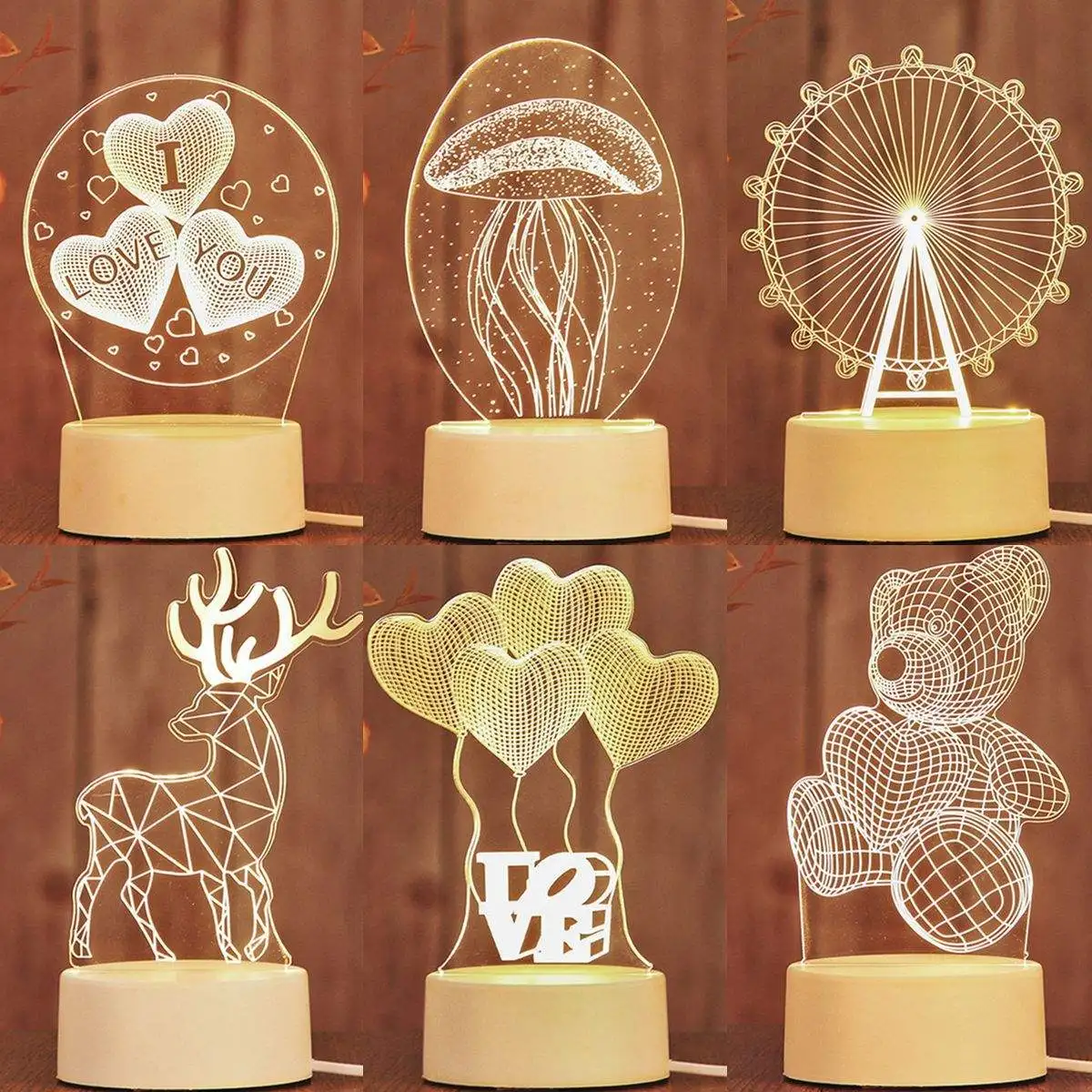 Wholesale 3D Creative Cartoon Acrylic Night Lights Optical Illusion Lamps Acrylic LED Night Lamps Light