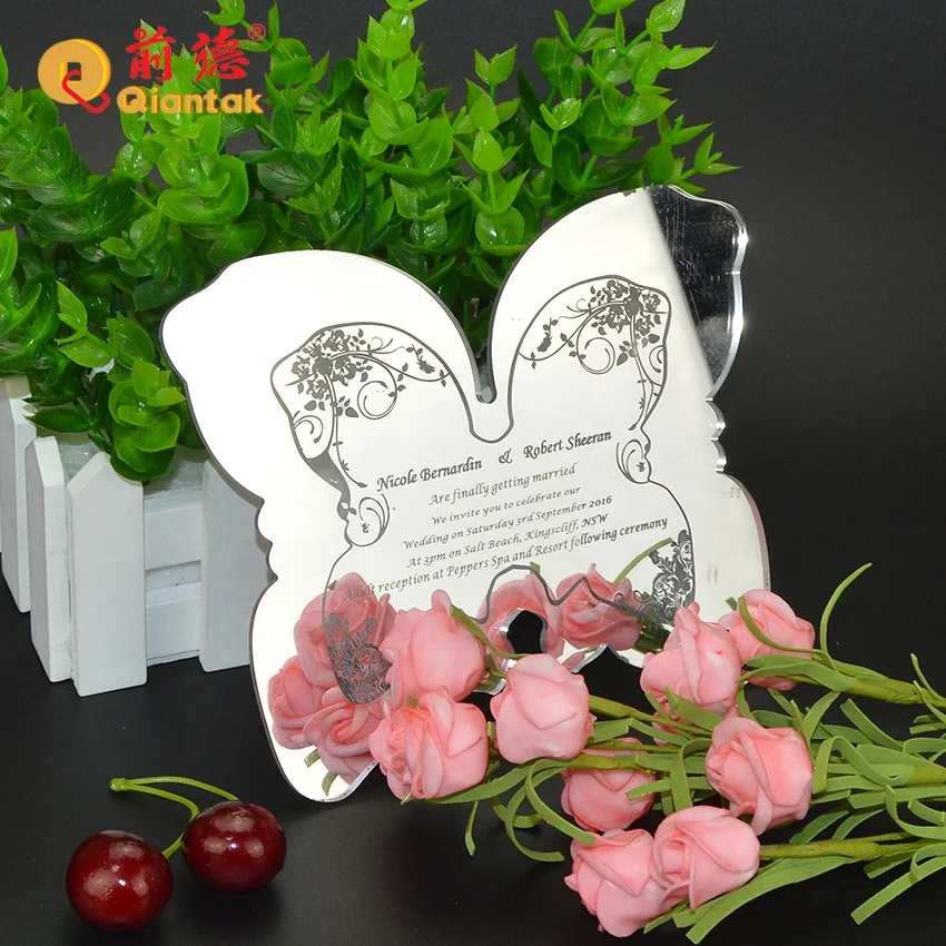 Пользовательский новый стиль лазерная резка сувенир акриловые приглашения Зеркало свадебные Бабочка Акриловое
