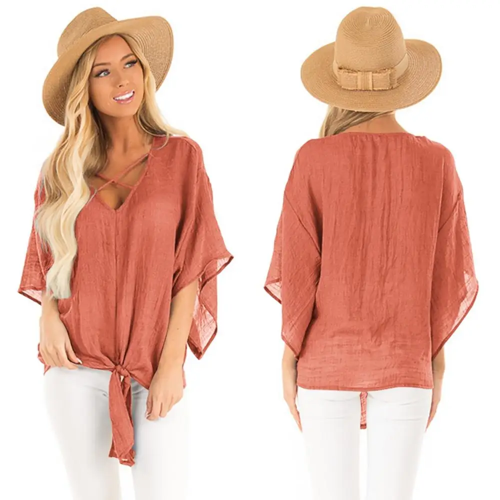 
Wholesale Summer Casual Batwinged Cover Up Soft Light Solid Color Blouse Tshirt 