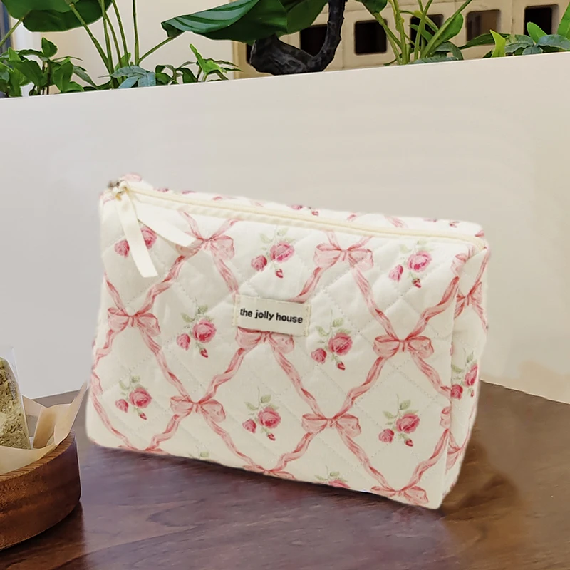 Handmade Quilted Bow Makeup Bag 3PCS Set Pink Gingham Zipper Toiletry Bag Custom Cute Cosmetic Bag Set for Women
