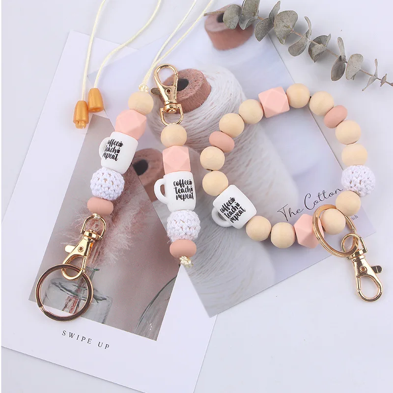 2024 boho silicone beads coffee cup teacher lanyard keychain wristlet set gift for mom coffee lover