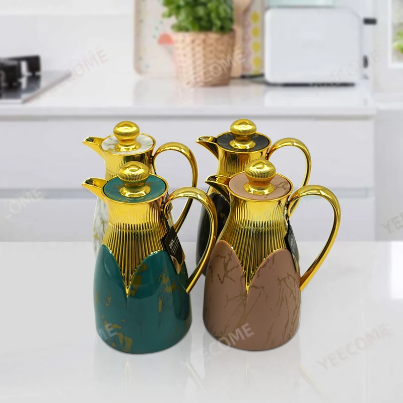 Custom Logo coffee pot glass  Keep Hot 24hrs gold plated coffee maker pot 1L marbling printing  thermos vacuum flask