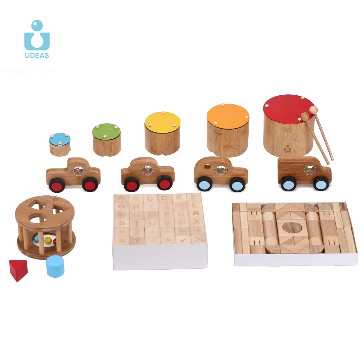 UDEAS Bamboo Set Musical Folding Drum Toy Mini Car Play Early Learning Sorting Set Wooden Montessori Toy