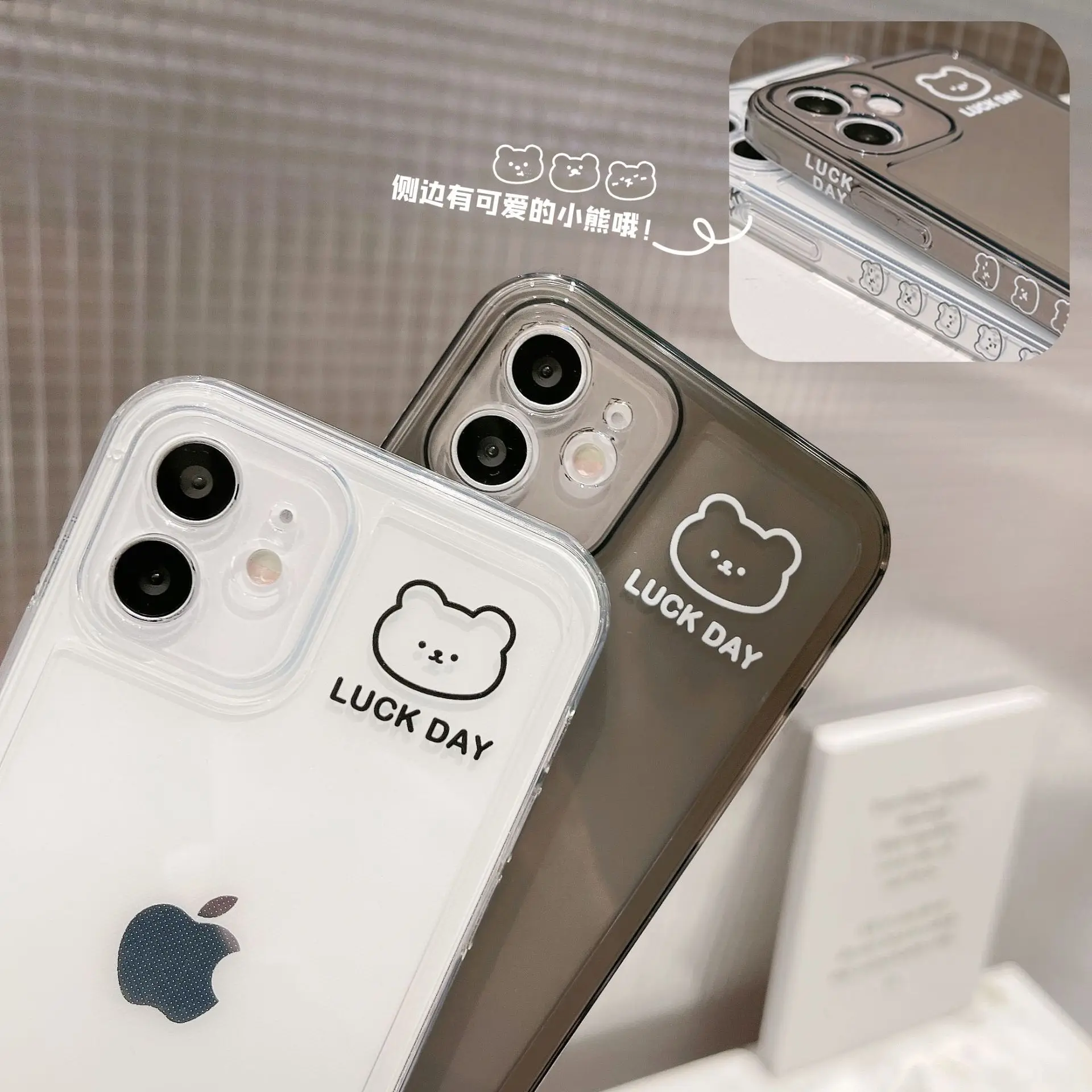Side cartoon pattern lens protection phone case for iPhone 15 14 plus 13 pro max 12 11 X Creative bear Antishock TPU Square Edge