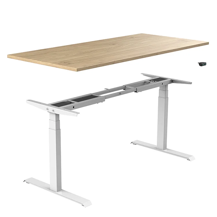 office white electric height adjustable standing computer lift table sit stand desk 3 stage legs anti collision double motor