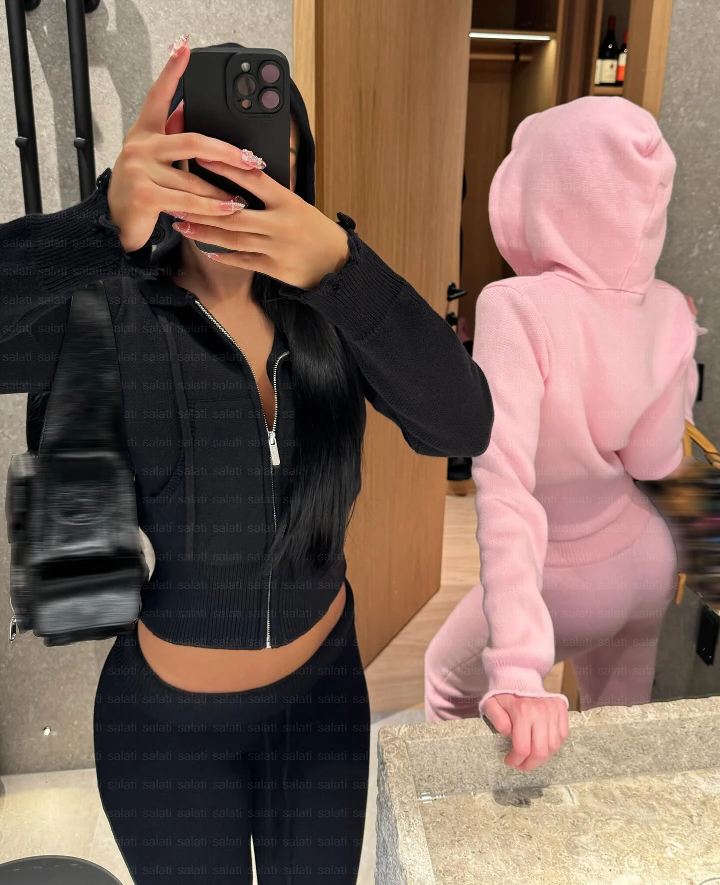 Salati Custom Two Piece Hoodies And Sweatpants Waffle Knitted Blank Zip Up female Flared Sweatsuits Tracksuit Women Sweat Suits