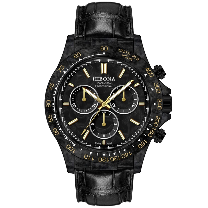 Hot Selling High Quality Carbon Fiber Watch Cases OEM design  Luminous Bezel Watch Chronograph Quartz Mens Wristwatch for Men