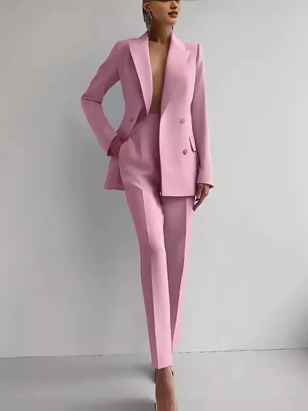 2024 Wholesale Women Spring Thin Style Suit Coat + Long Pants Solid Color Two Piece Set Suits Lapel V-Neck Office Lady Suits