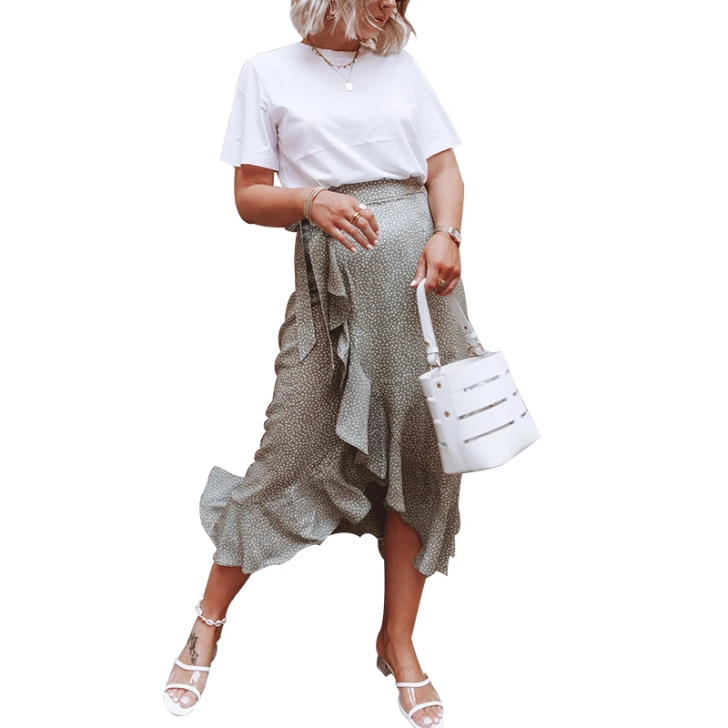 2019 New Design Green Polka Dot Ruffle Wrap Long Skirt