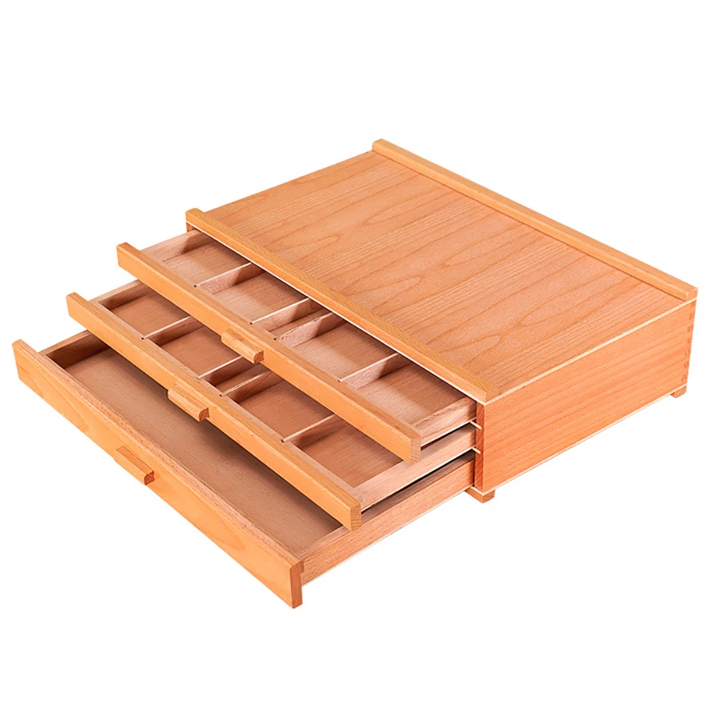 Panwenbo beech wood Storage Box - 3 Drawers Solid Beech Wood Art Tool Box - Portable Storage Box for Pastels Pencils Brushes