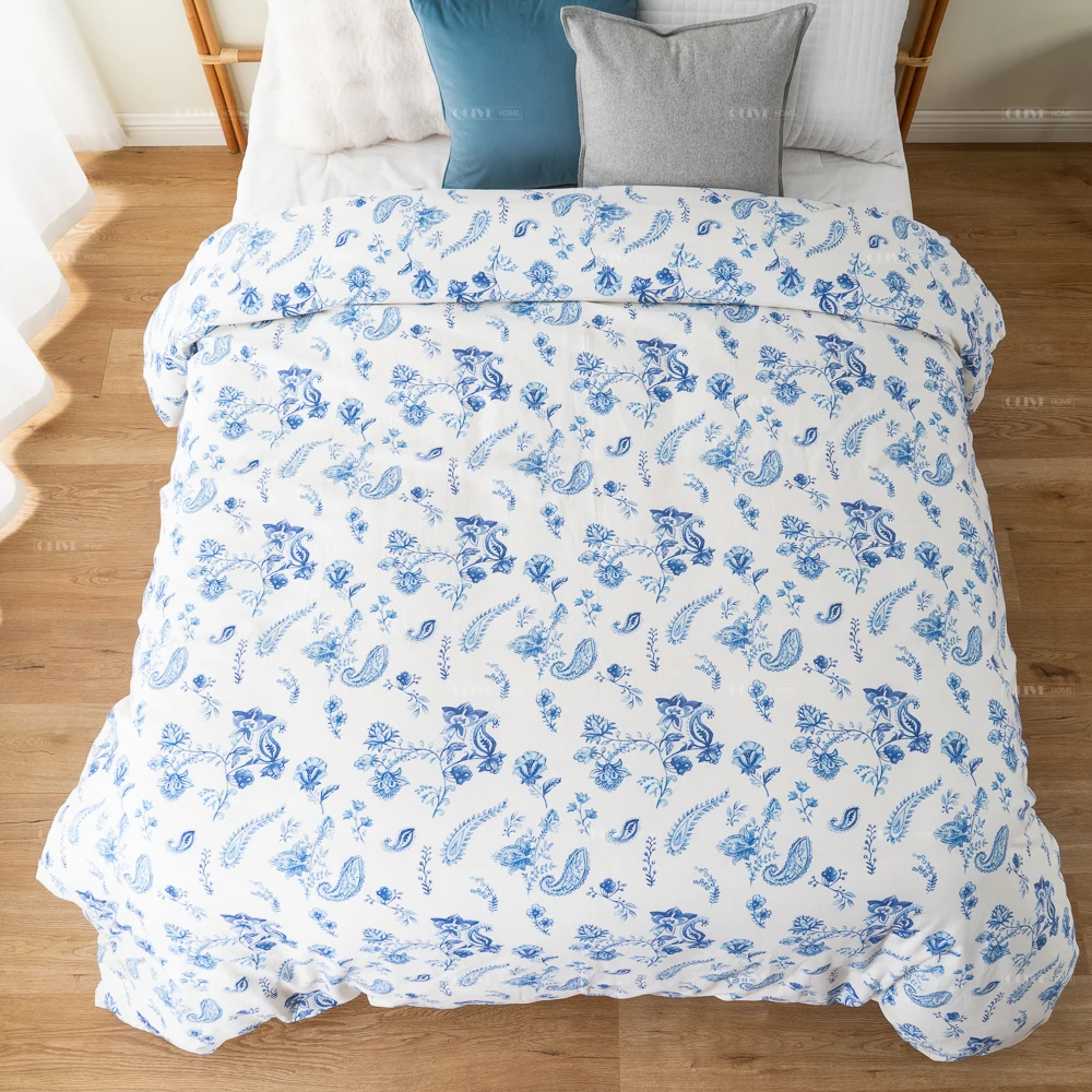 stonewashed Wild Flowers Printed Bedding Ultra Soft Linen Cotton Duvet Cover Pillowcase Set Zipper Button Closure All Season Use