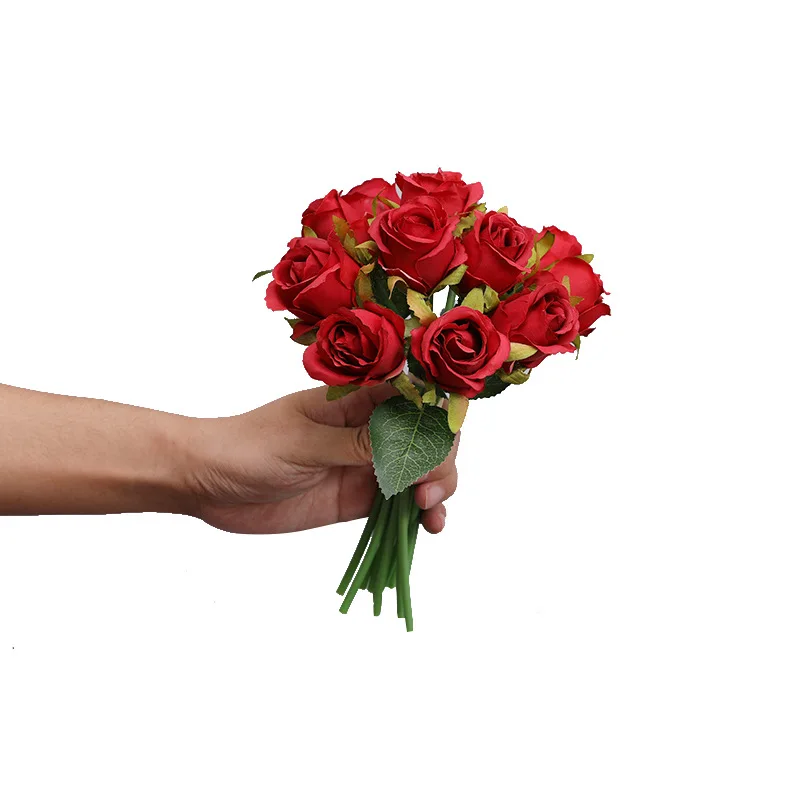 Wholesale pink red white 12 heads rose flower bouquet artificial silk rose bundle for wedding Decor