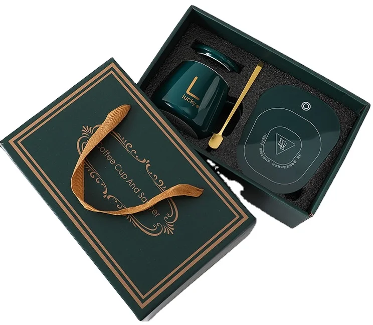 
HDT 350ml gift box smart keep temperature Control set white Porcelain saucer porcelain coffee cup ceramics Mug 