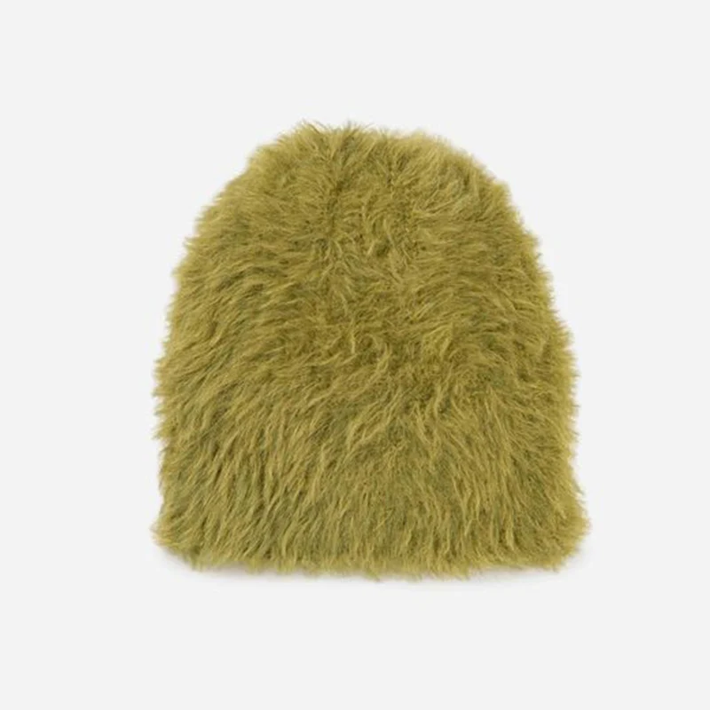 Custom Black Yellow Graphic Women Winter Knitted Hats Angola Wool Cuffed Dome Faux Fur Fuzzy Furry Beanie Cap For Female Stretch