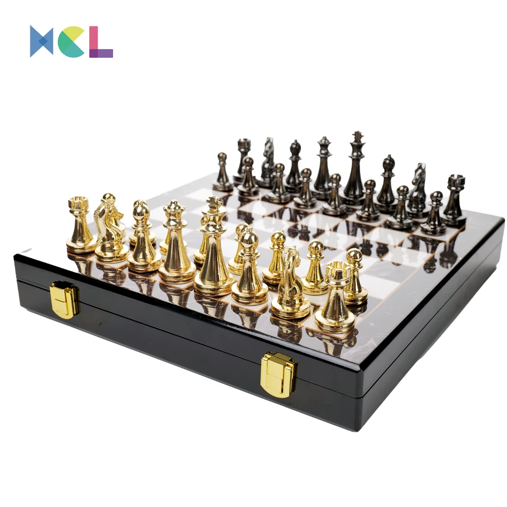 XCL Wholesale High-Grade Metal Chess Gold Black 29*29cm Zinc Alloy Chess games Set Marble Pattern Chess Board