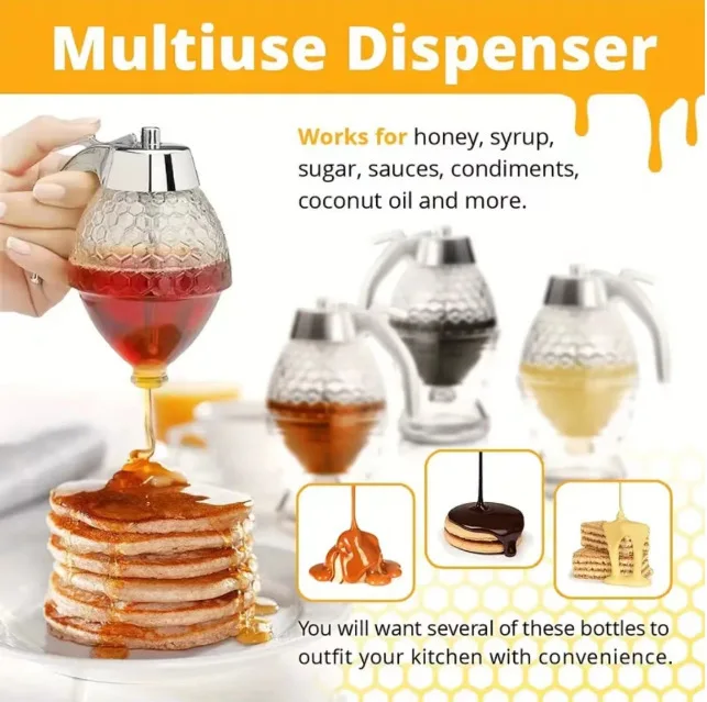 Wholesale Glass Honey Dispenser Jar Baking Syrup Honey Dispenser with Storage Stand Stainless Steel and Chrome-Plated ABS Design