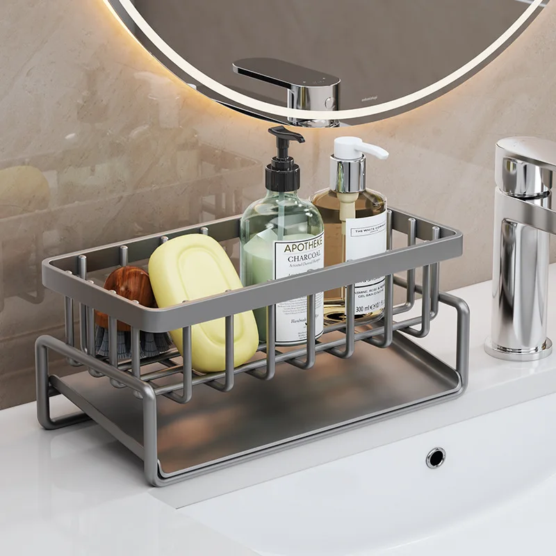 Sponge Holder With Drain Tray Kitchen Bathroom Sink Caddy Kitchen Dish Sponge Soap Dispenser Organizer with Dishcloth Rack