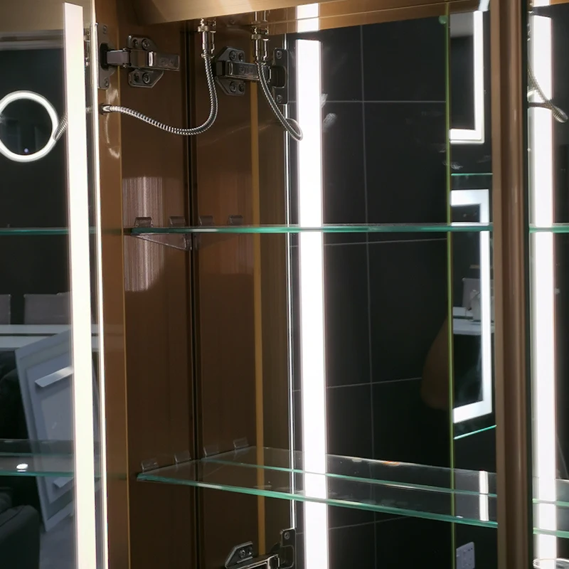 Factory customized 1,2,3 doors tempered glass led medicine cabinets Vanity touch sensor CCT 3 lights bathroom mirror cabinet