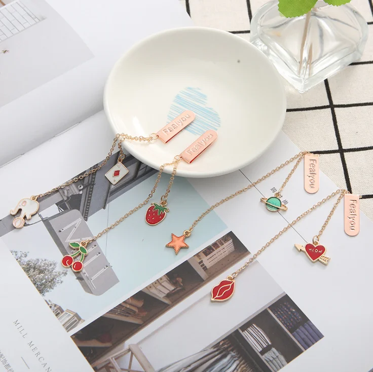 cute korean kawaii stationery Office school handmade long chain bookmark with pendant, fruit Strawberry cherry book mark charm