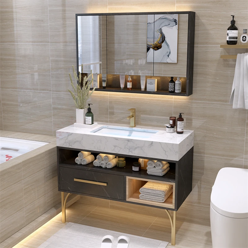 High quality MDF/ PVC/ Plywood vanities floor storage bathroom cabinet furniture with led mirror