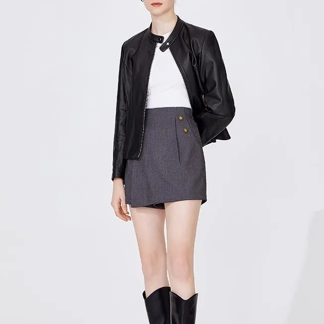 Popular Minimalist Style Spring Jackets for Women 2024 Zipper Genuine Lamb Leather Motorcycle Biker Jacket