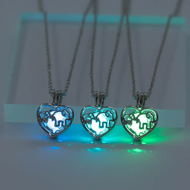 Glow In The Dark 2 Elephant Mom Child Cats Pendant Necklace For Women Men Fluorescent Luminous Animal Jewelry Halloween Gift