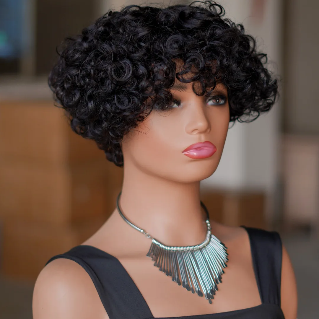 Cheap Hair Natural Humain Hair Short Big Curly Human Hair Wigs With Bangs