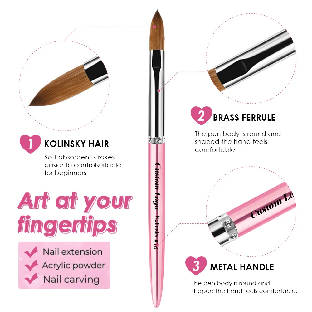 New Arrival  the Best Seller Nails Brush Acrylic Kolinsky 100% Sable Bristles Metal Handle PINK Diamond Nail Brushes for Acrylic