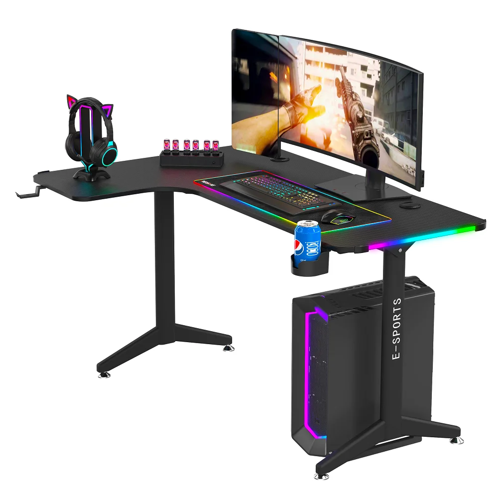 High Quality RGB Standing Gaming Desk Executive Office Computer Table L-shaped Corner Game Table