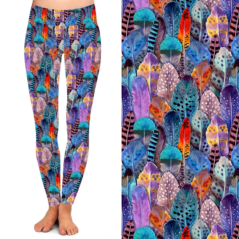 Buttery Soft 92% Polyester 8% Spandex High Waist Ladies Tights Multicolor Feather Printed Leggings For Women