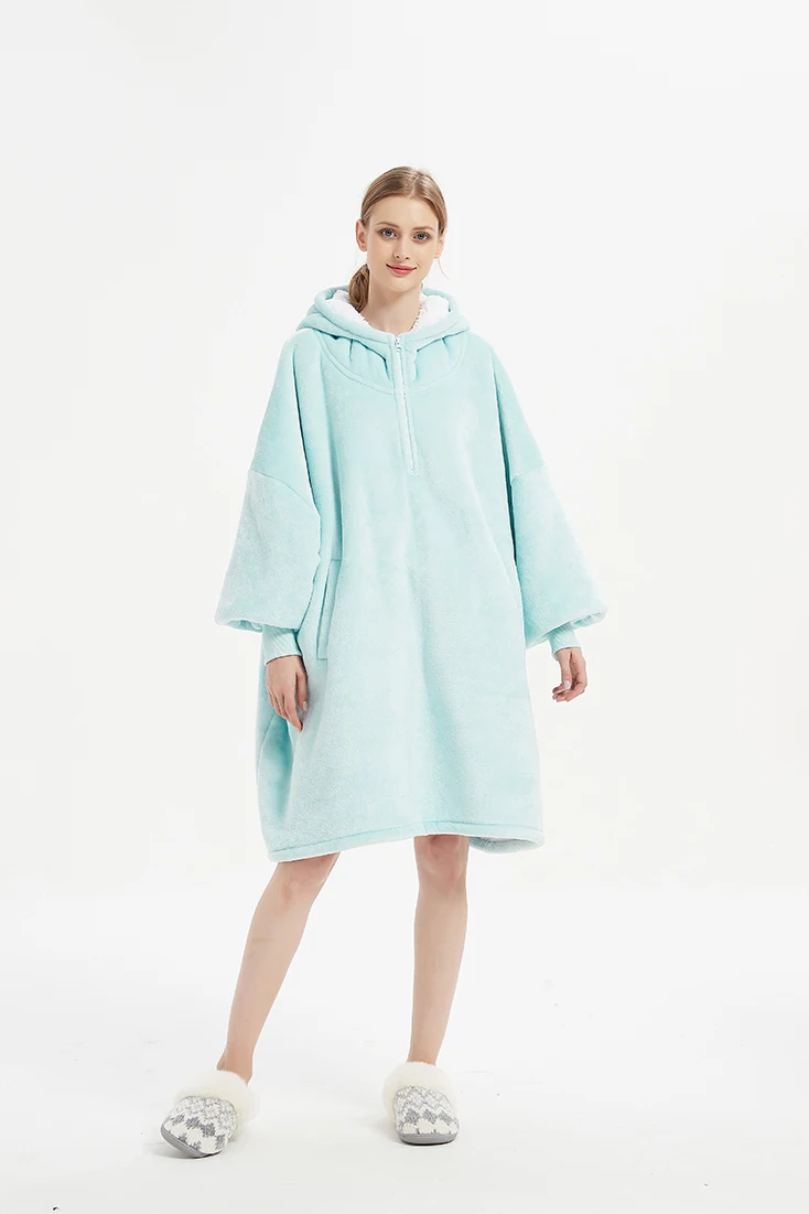 Factory Customize Warm Fleece Blanket Hoodie Zipper Big Hooded Blanket With Sleeve Oversize Adult Blanket Sweater For Women Men