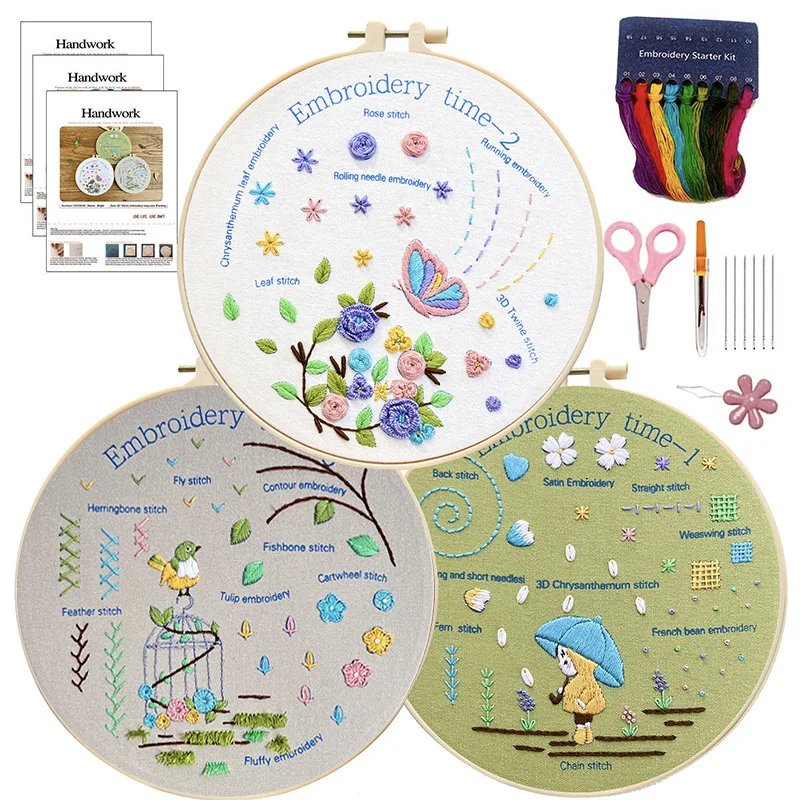 3 Sets Embroidery Stitches Practice Kit Hand Embroidery Kit for Adults Kids Beginners