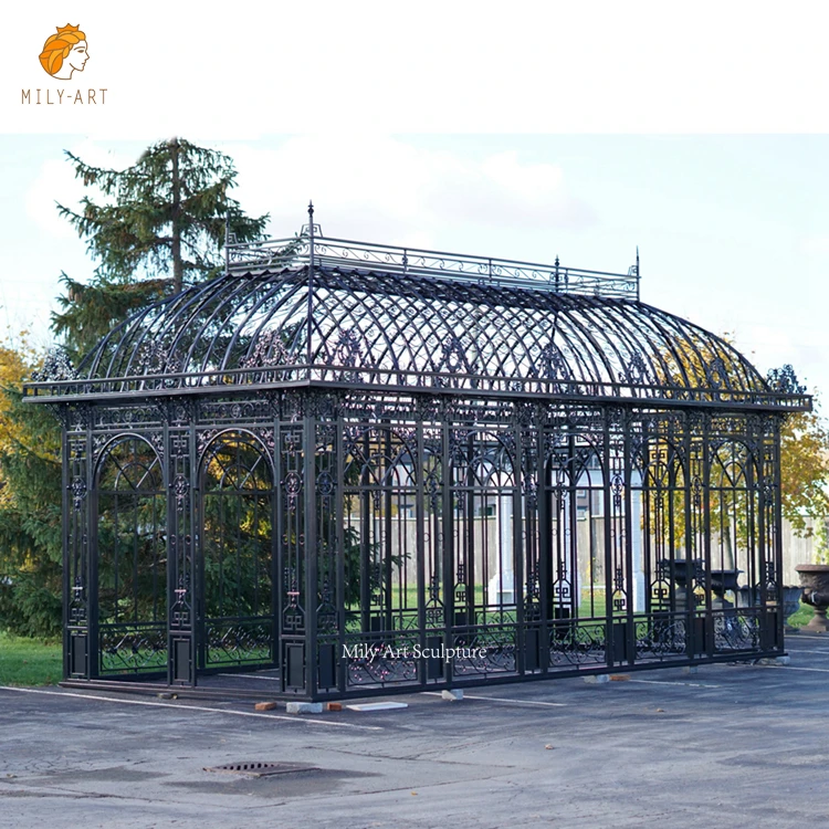 Hot Sale Luxury Design Outdoor Wrought Iron Gazebo Metal Greenhouse with Glass