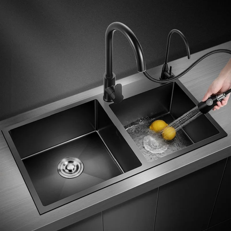 Professional Factory Square Washing Black Handmade Double Bowl Sink Tap Kitchen,  Kitchen Sink Stainless