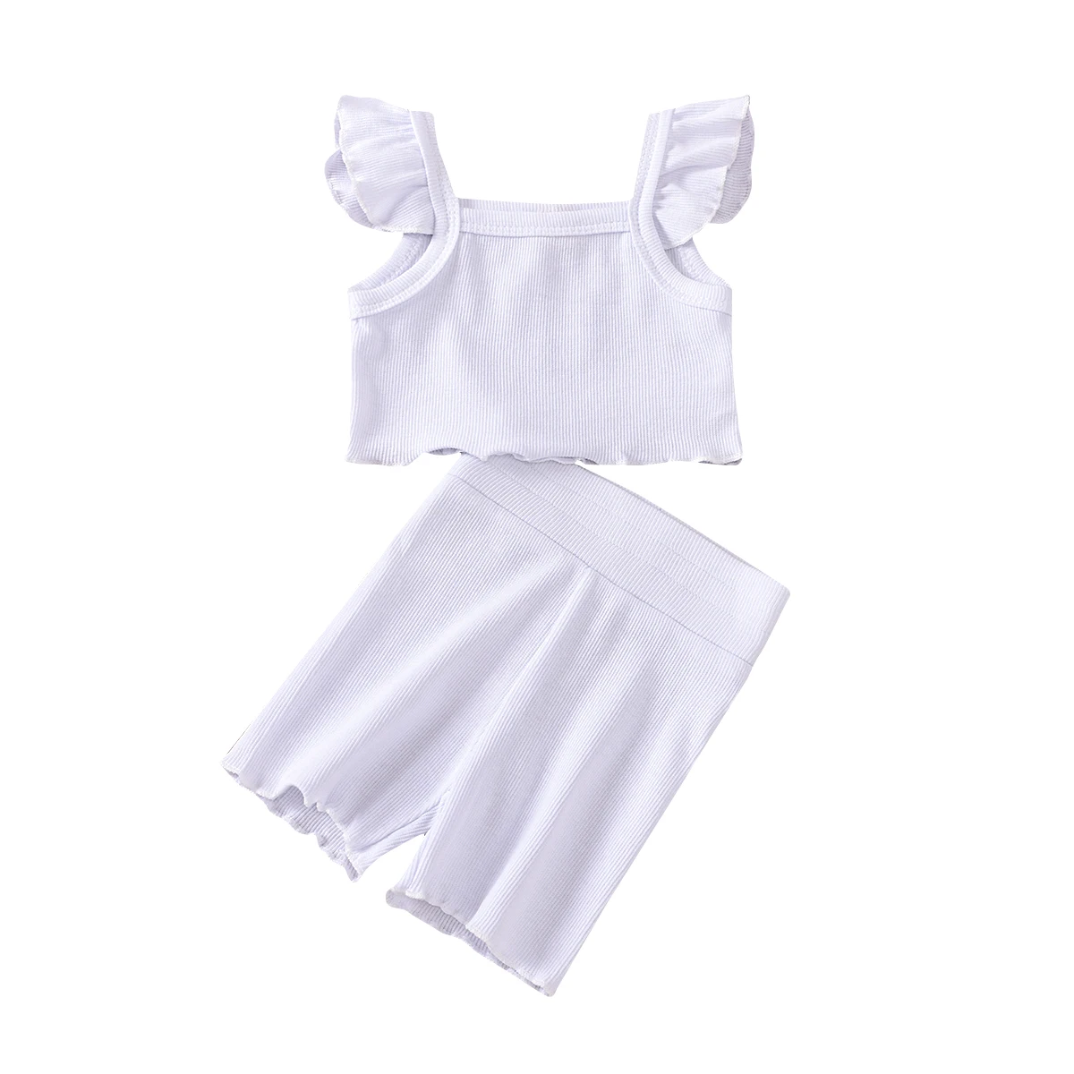  2 предмета в комплекте sz70-sz110 6 мес.-4 лет для девочек трикотажные оборками укороченный топ-футболка и высокие шорты с эластичной резинкой на талии; Комплект укороченными брюками; Одежда