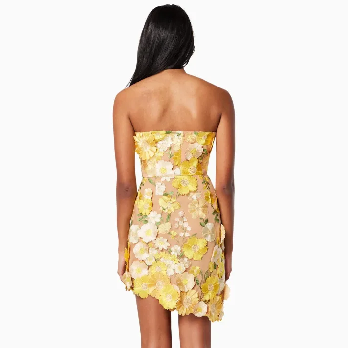 Ocstrade Popular Clothing Club Dresses 2024 Yellow Flowers Design Strapless Asymmetrical Fitness Short Club Dress For Women
