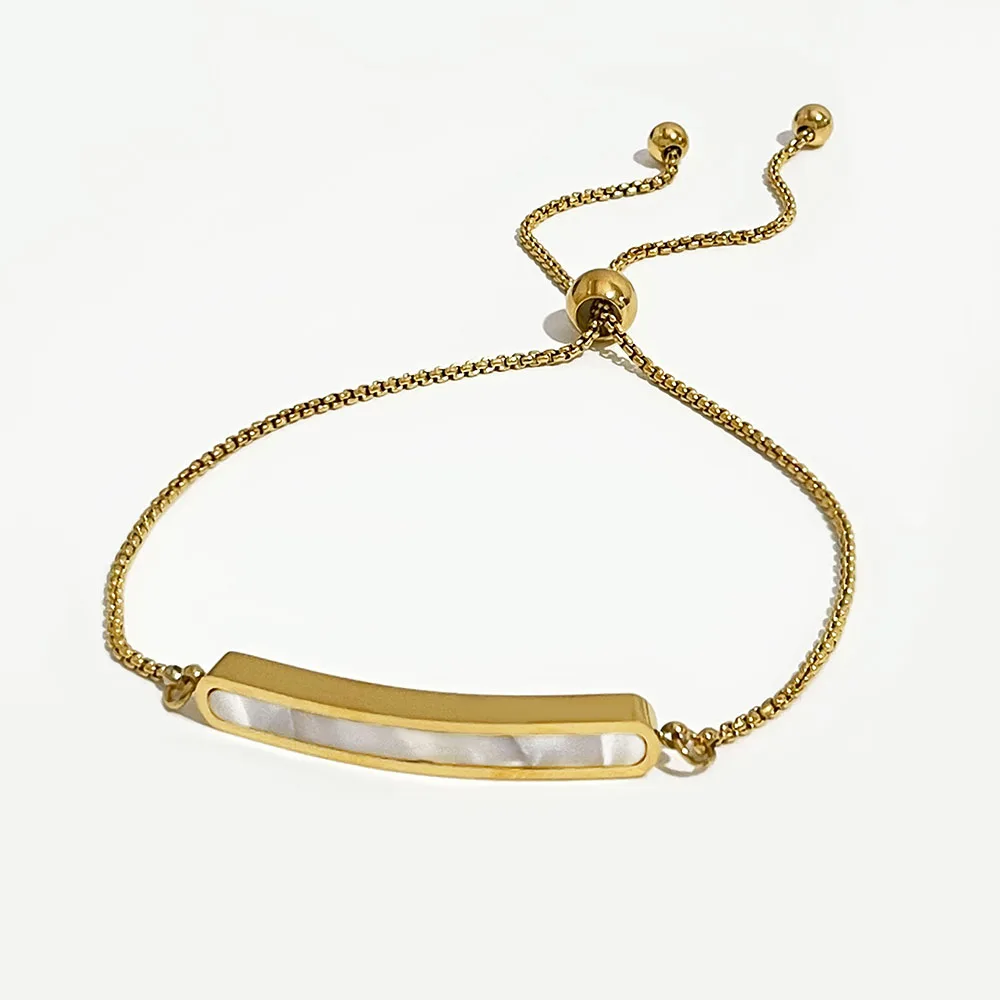 Dainty Bar White Shell Sliding Adjustable Stainless Steel Bracelet Women 18K Gold Mother of Pearl Thin Chain Cuff Bangle Jewelry