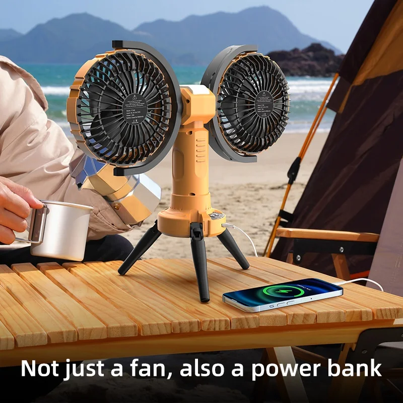 2024 New product F7300 double heads stand fan desktop outdoor camping rechargeable fans with LED, indoor table fans