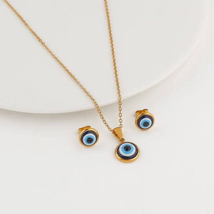 18k gold plated stainless steel tarnish free waterproof evil eye necklace earrings set jewelry for women